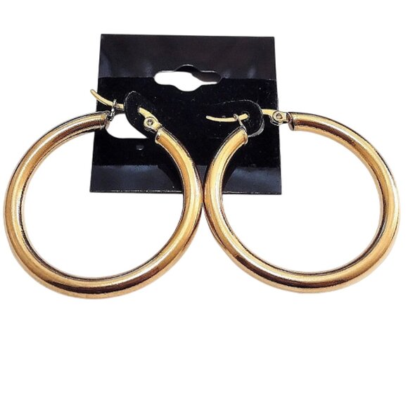 1 1/2 Inch 39mm Wide Band Hoop Pierced Post Earrings Polished Gold Tone - Picture 1 of 3
